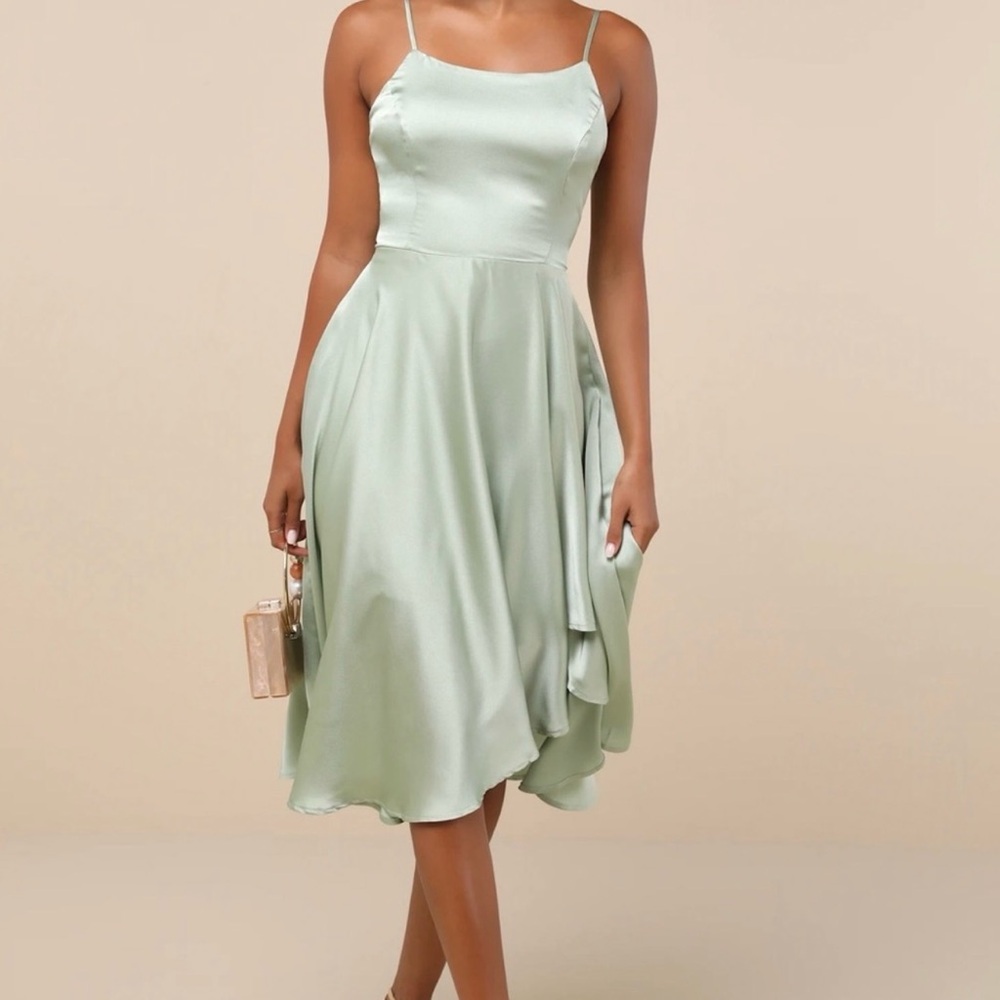 Lulu's Sage Satin Midi Dress Asymmetrical Tie-Back